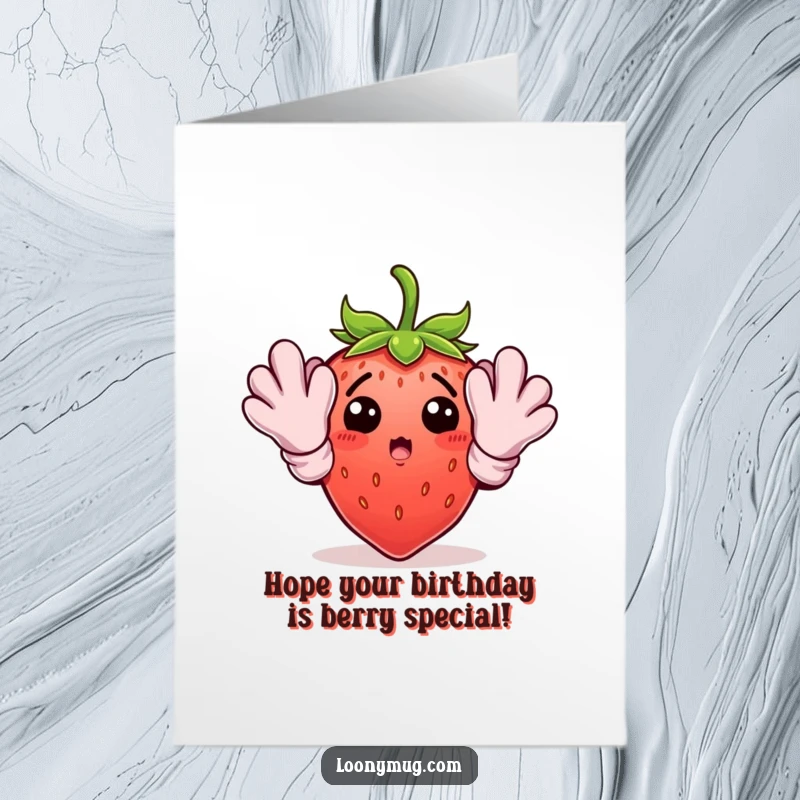 Funny Free Printable Birthday Card featuring a surprised strawberry wearing oversized gardening gloves, ready for some birthday digging.