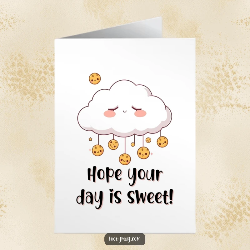 Funny Free Printable Birthday Card: Sleepy cloud dreaming of raining cookies, a sweet and humorous downloadable gift.
