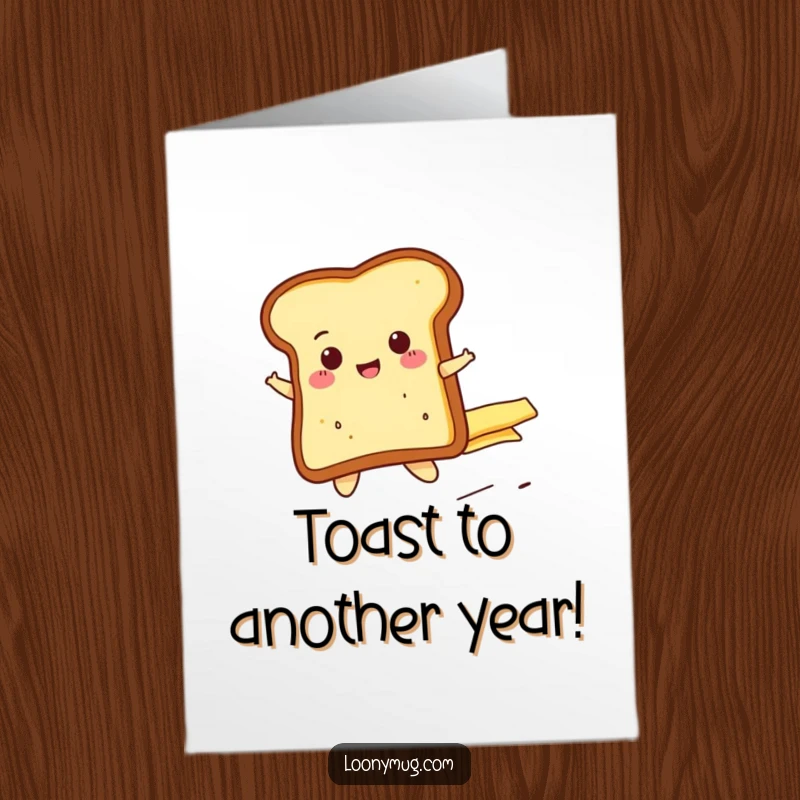 Funny Free Printable Birthday Card: Cheerful toast slice riding runaway butter pat, a humorous downloadable gift.