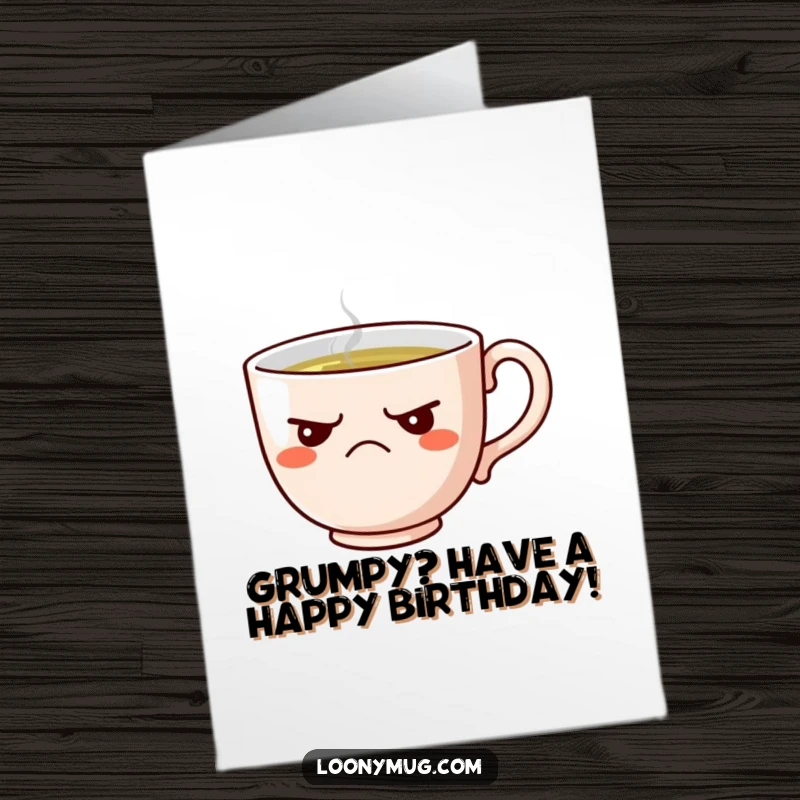 Funny Free Printable Birthday Card: A hilariously grumpy teacup with a stern face refusing to be filled.