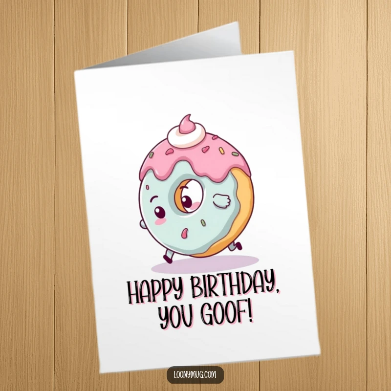 Funny Free Printable Birthday Card: A clumsy donut character tripping spectacularly over its own colorful frosting, mid-fall, ready for printing.