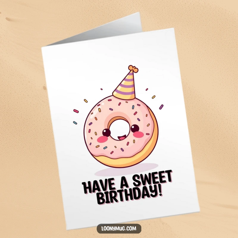 Funny Free Printable Birthday Card: Cheerful donut with a party hat juggles sprinkles.