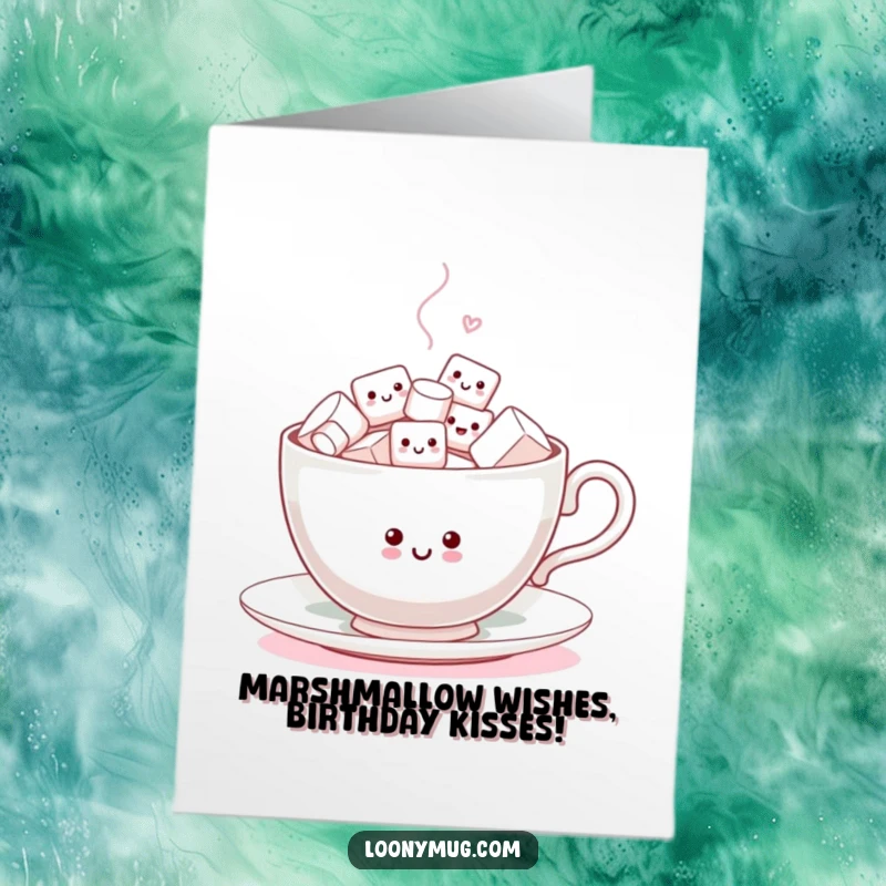 Funny Free Printable Birthday Card: A joyful teacup overflows with tiny, energetic marshmallows doing a happy dance.