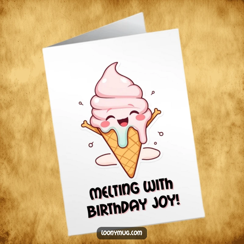 Funny Free Printable Birthday Card: A melting ice cream cone character overcome with dramatic joy, dripping happily, ready to be printed.