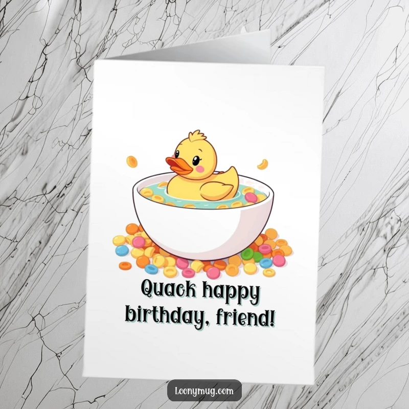 Funny Free Printable Birthday Card: A rubber duck curiously floats in a giant bowl of cereal, a delightful DIY gift.