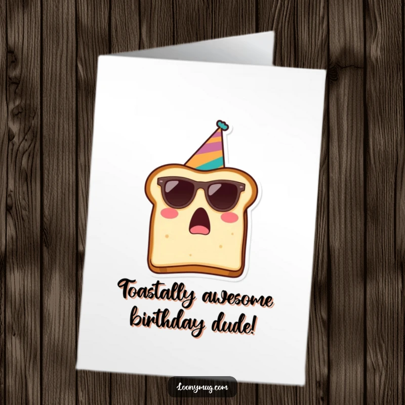 Funny Free Printable Birthday Card showing a surprised toast slice in sunglasses and party hat, ready to celebrate.