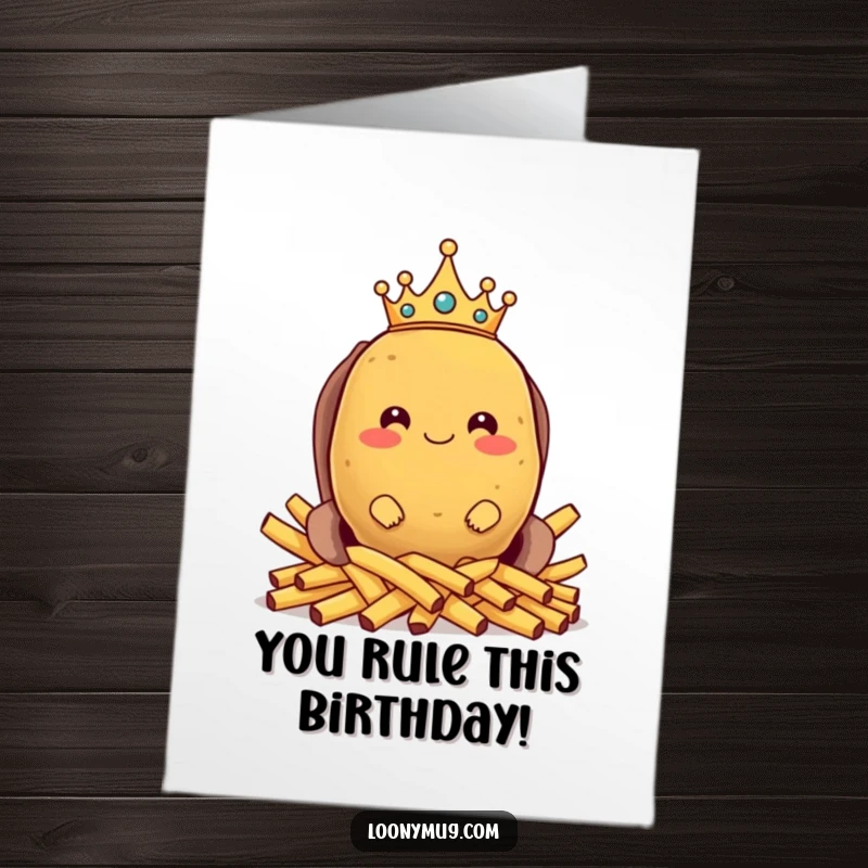 Funny free printable birthday card: a proud potato wearing a crown sits on a throne of french fries, looking regal.