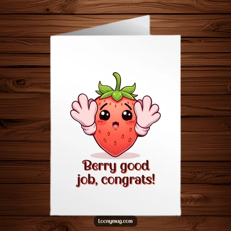 Funny Free Printable Congratulations Card showing a surprised strawberry in oversized gardening gloves, celebrating a successful DIY project.