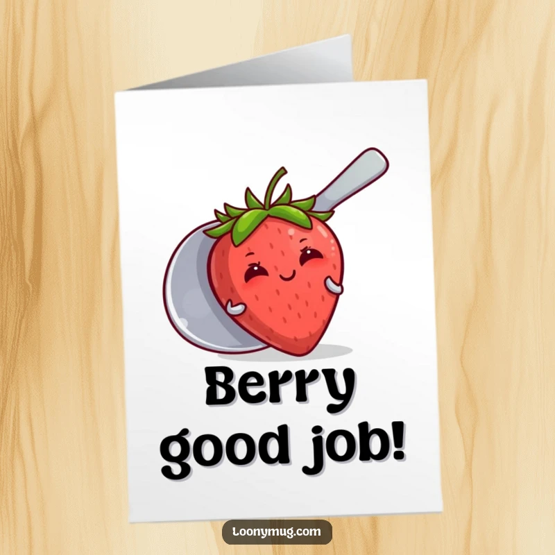 Funny Free Printable Congratulations Card: Shy strawberry hiding behind a giant spoon. Adorable downloadable gift.