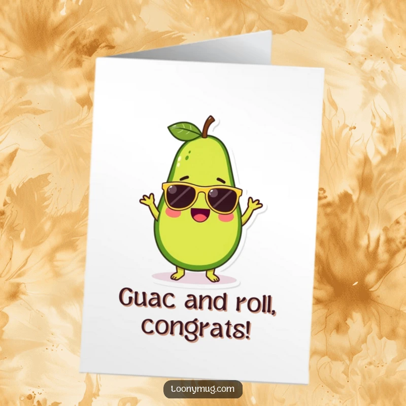 Funny Free Printable Congratulations Card: A cool avocado character in sunglasses, performing a hilarious, enthusiastic dance to celebrate.