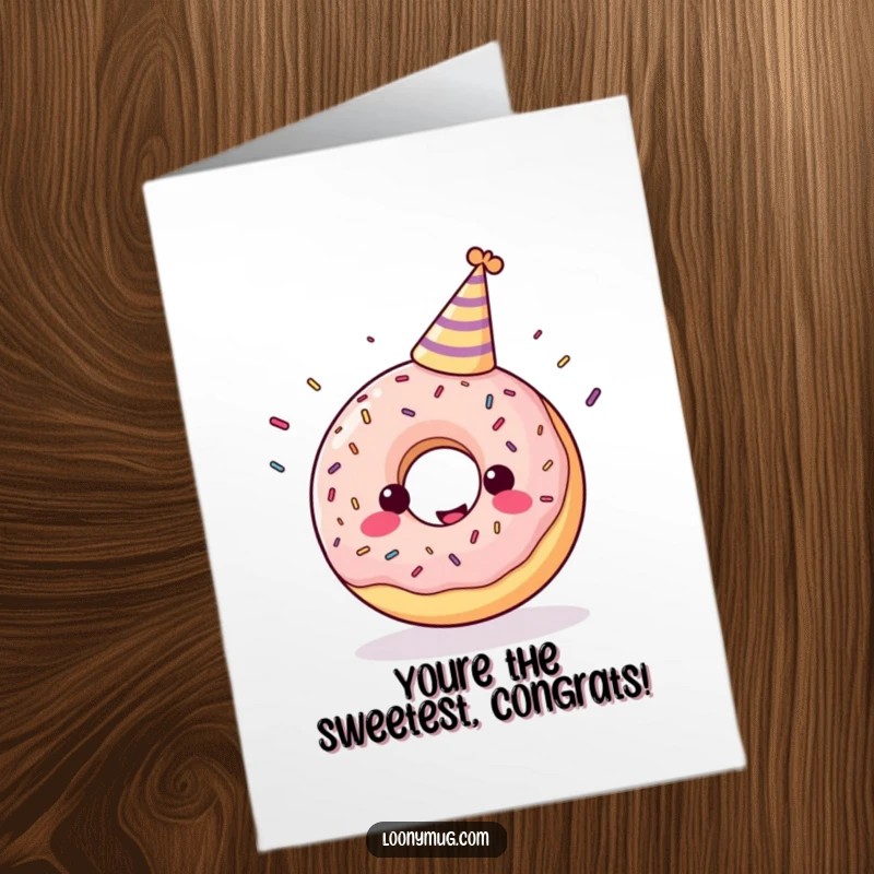 Funny Free Printable Congratulations Card: A cheerful donut in a party hat juggles colorful sprinkles.