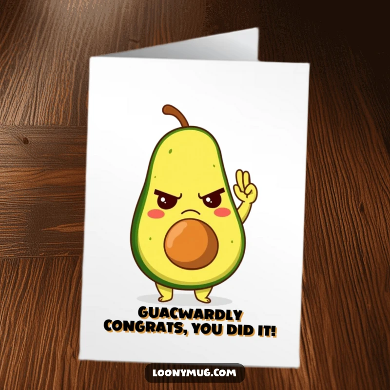 Free Printable Congratulations Card showing a grumpy avocado character reluctantly offering a high-five, adding humor.