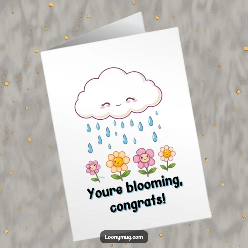 Funny Free Printable Congratulations Card with a cloud raining smiling raindrops onto happy flowers, perfect for celebrating success.