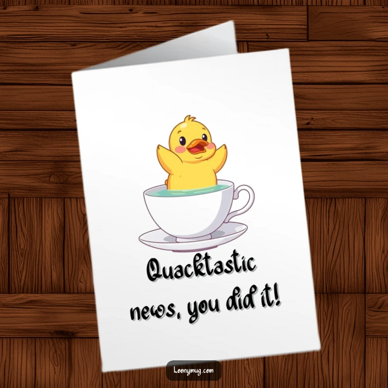 Funny Free Printable Congratulations Card showing a startled rubber duck upside down in a teacup, celebrating a surprising success.