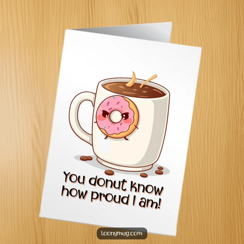 Funny Free Printable Congratulations Card: Grumpy donut trying to escape a giant coffee mug, perfect for a downloadable gift.