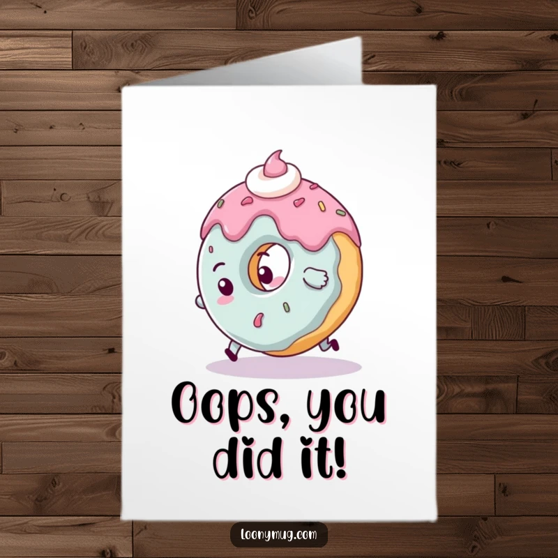 Funny Free Printable Congratulations Card: A clumsy donut character hilariously tripping over its own frosting, a sweet mess, celebrating achievement for printing.