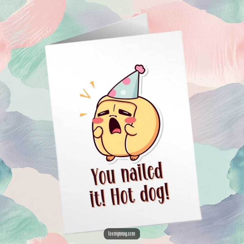 Funny Free Printable Congratulations Card: A hot dog character in a party hat yawning, signifying a well-earned break after celebration.