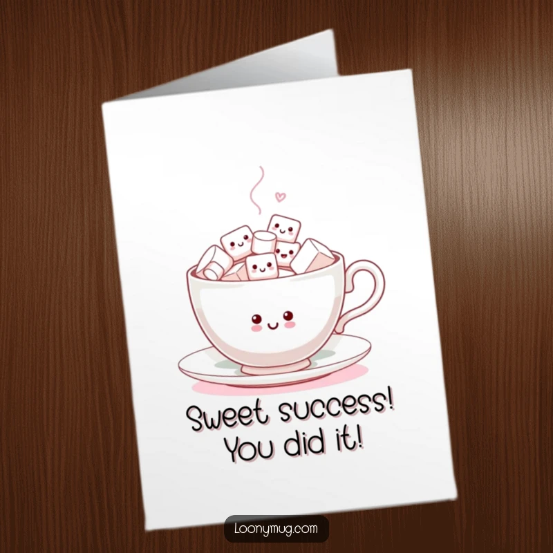 Funny Free Printable Congrats Card: A cheerful teacup brimming with tiny, dancing marshmallows celebrates an achievement.