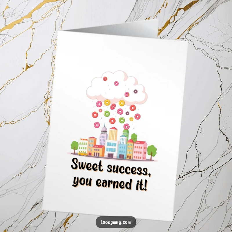 Funny free printable congratulations card: a happy cloud showers a small city with colorful donuts, celebrating success.