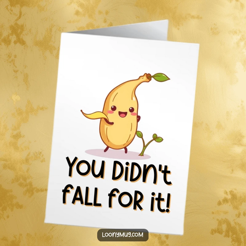 Funny Free Printable Congratulations Card: A banana peel attempts to trip a potato sprout, a witty downloadable gift for overcoming obstacles.
