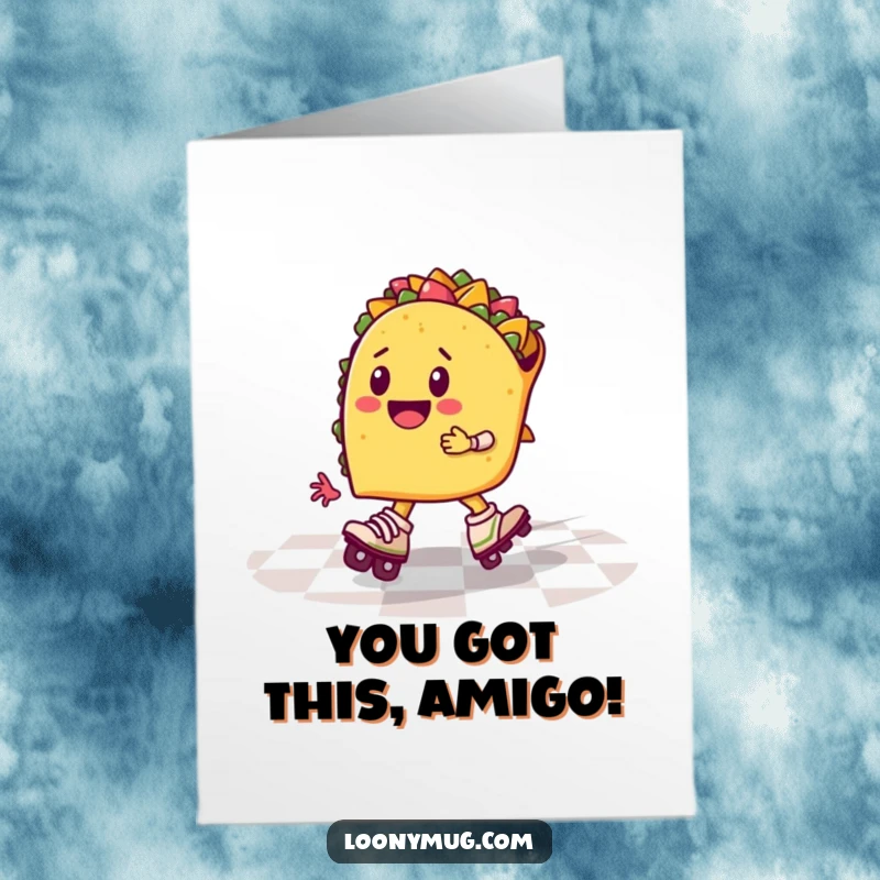 Funny Free Printable Congratulations Card: A taco wearing roller skates zooms across a checkered floor, perfect for a DIY gift.