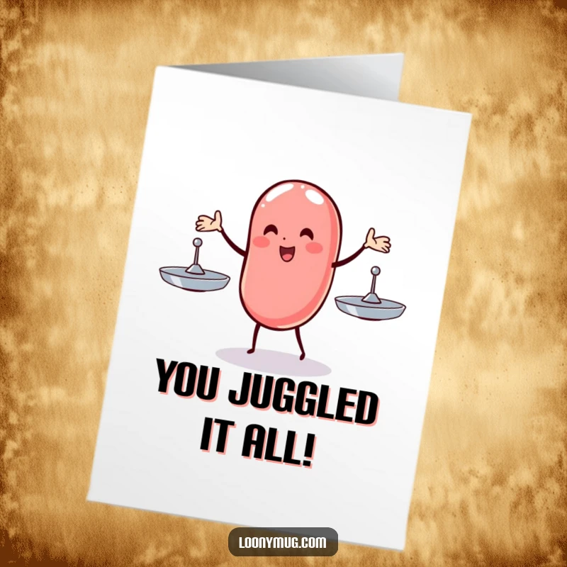 Funny Free Printable Congratulations Card: A triumphant jelly bean keeping three plates spinning, representing a successful juggling of complex tasks.