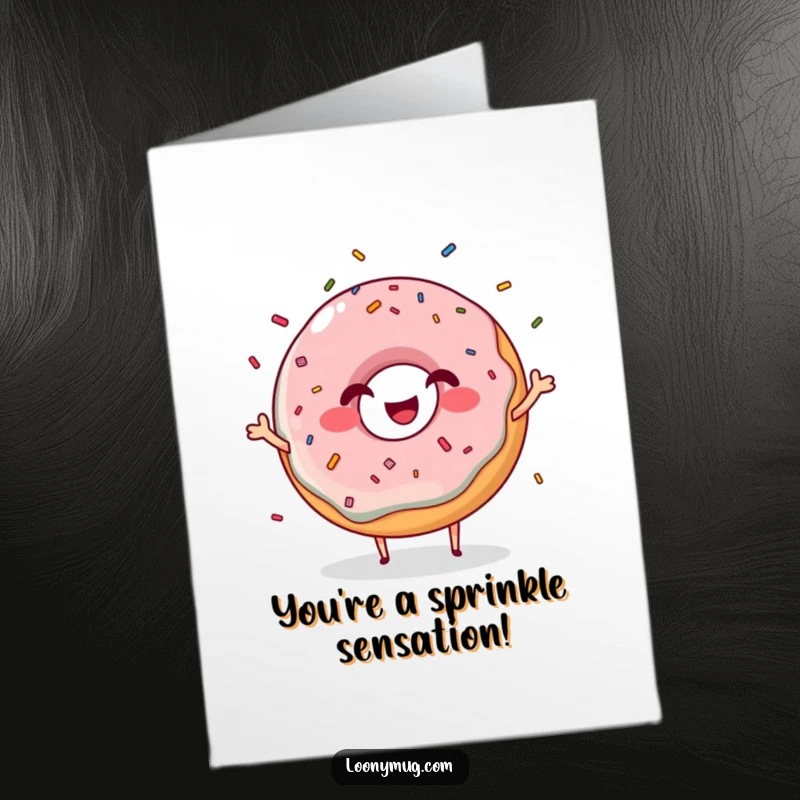 Funny Free Printable Congratulations Card: A giggling donut character with a wide grin, expertly juggling colorful sprinkles, celebrating success for printing.