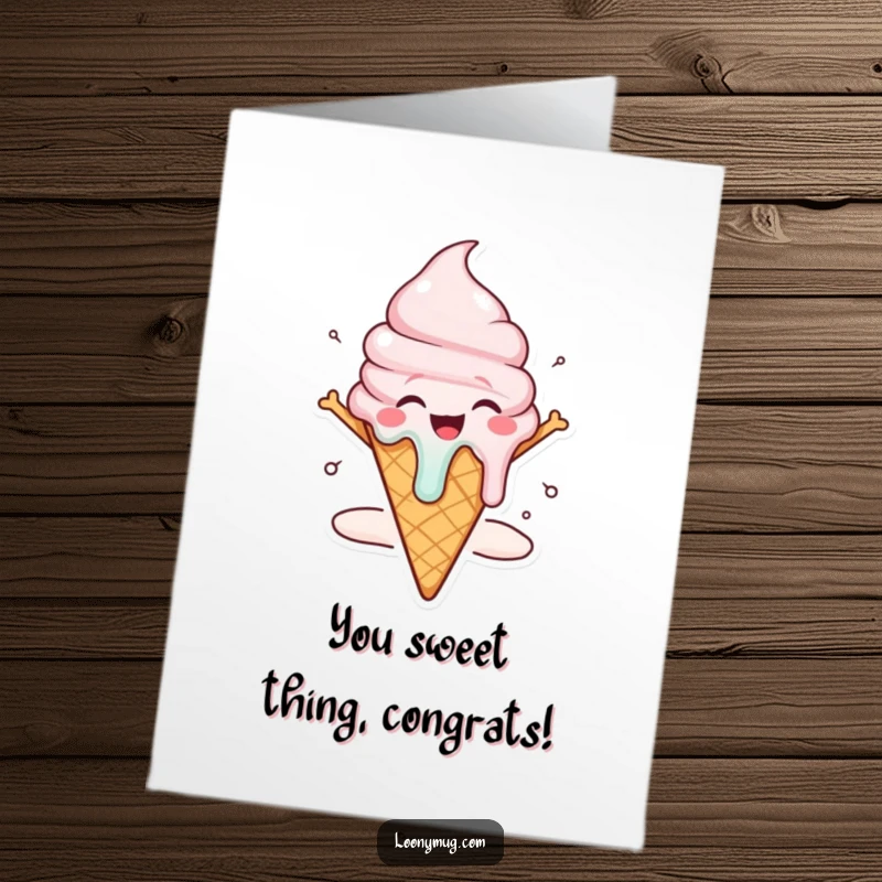Funny Free Printable Congratulations Card: An ice cream cone character melting joyfully, celebrating success with a sweet, dripping grin, ready for printing.
