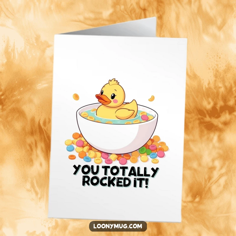 Funny Free Printable Congratulations Card: A rubber duck navigates a huge cereal bowl, perfect for a fun DIY gift.