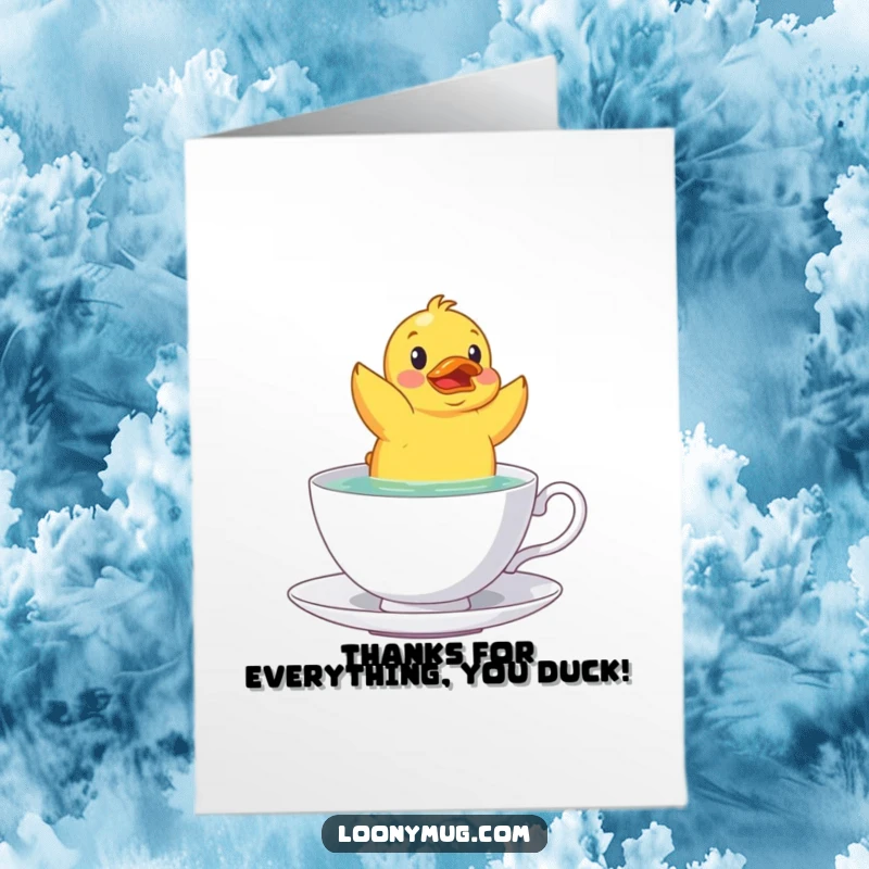 Funny Free Printable Thank You Card featuring a startled rubber duck in a teacup, offering a quirky thank you.