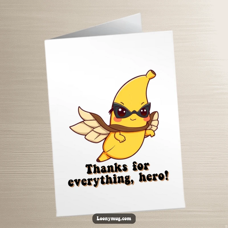 Funny Free Printable Thank You Card: A banana hero in a cape flies, bringing a humorous and powerful thank you message.