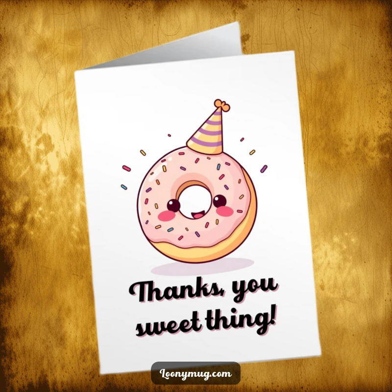 Funny Free Printable Thank You Card: A cheerful donut wearing a tiny party hat juggles sprinkles.