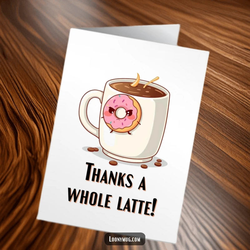 Funny Free Printable Thank You Card: Grumpy donut attempting escape from a coffee mug, a unique downloadable gift.