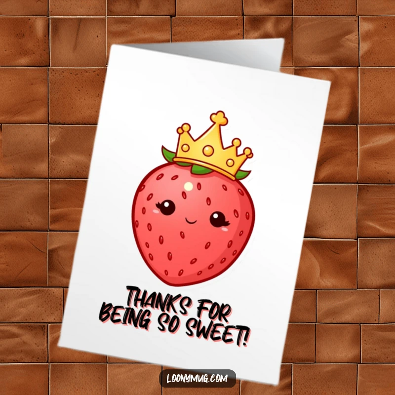 Funny Free Printable Thank You Card: A plump strawberry with a tiny crown looks regal, a sweet downloadable gift.