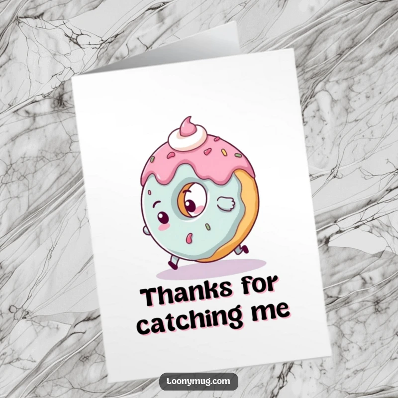 Funny Free Printable Thank You Card: A clumsy donut character mid-trip over its own frosting, offering thanks with a sweet, messy fall for printing.