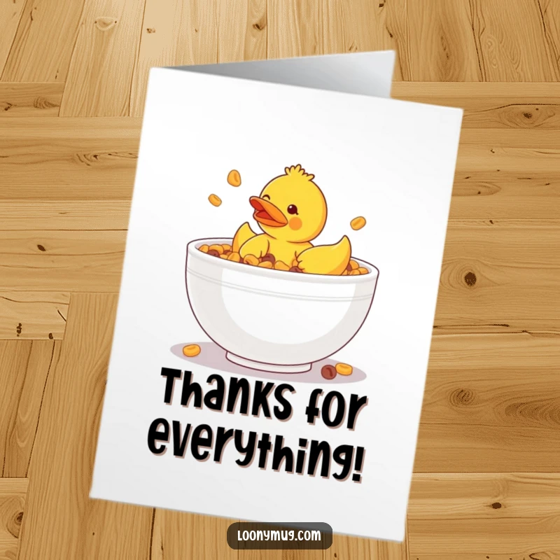 Funny Free Printable Thank You Card: Clumsy rubber ducky stuck in a large cereal bowl. Amusing downloadable gift.