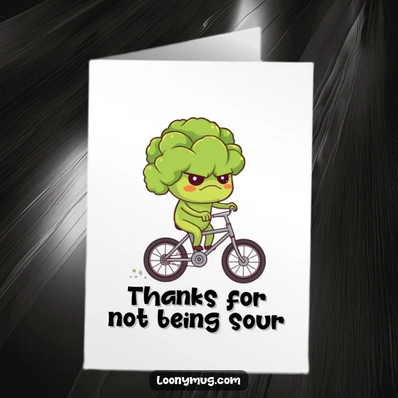 Funny free printable thank you card: a grumpy broccoli riding a tiny bicycle, pedaling hard to send thanks.