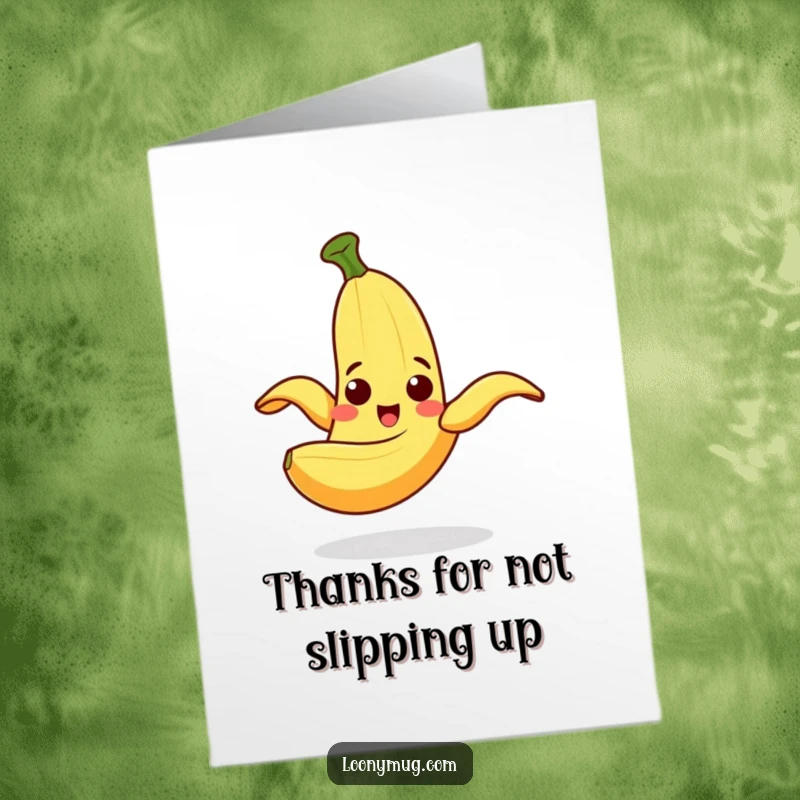 Funny Free Printable Thank You Card: A happy banana peel slides comically, expressing thanks with surprise.