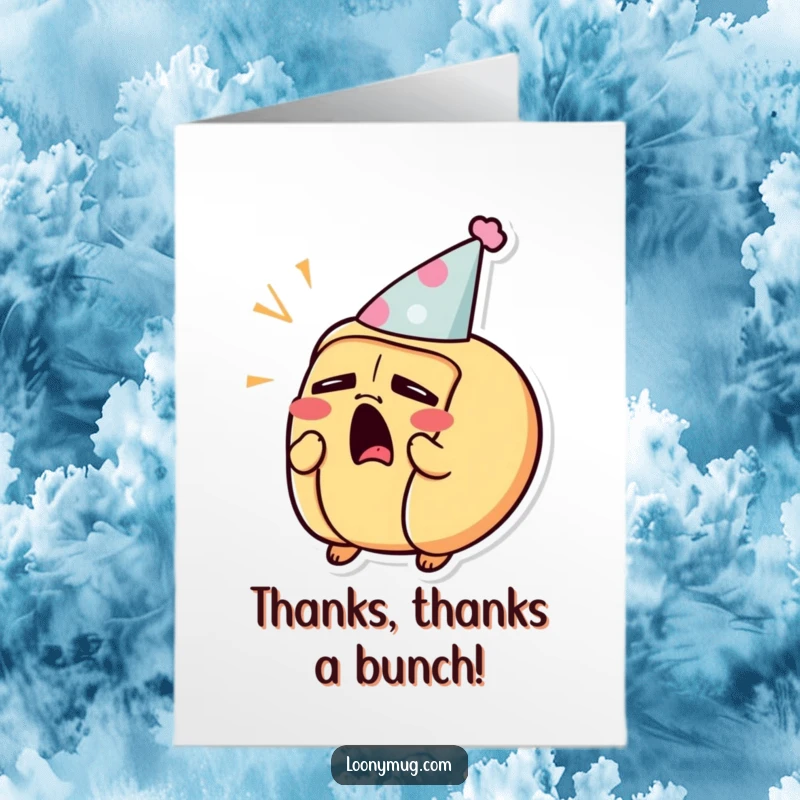 Funny Free Printable Thank You Card: A hot dog wearing a party hat yawning widely, embodying a relaxed and grateful sentiment.