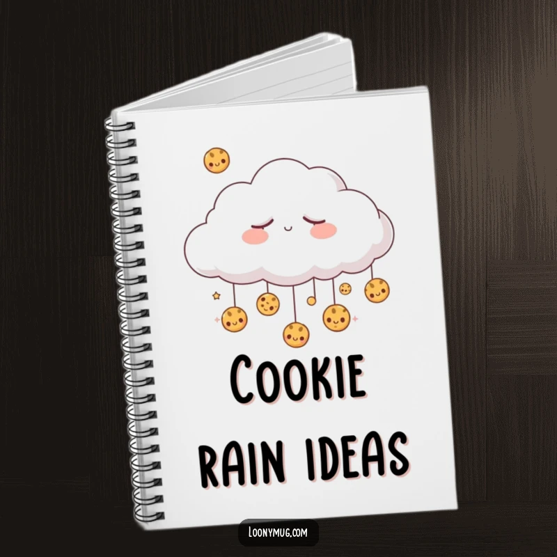 Funny sleepy cloud dreaming of raining cookies, on the cover of a lined notebook. Great for journaling dreams.