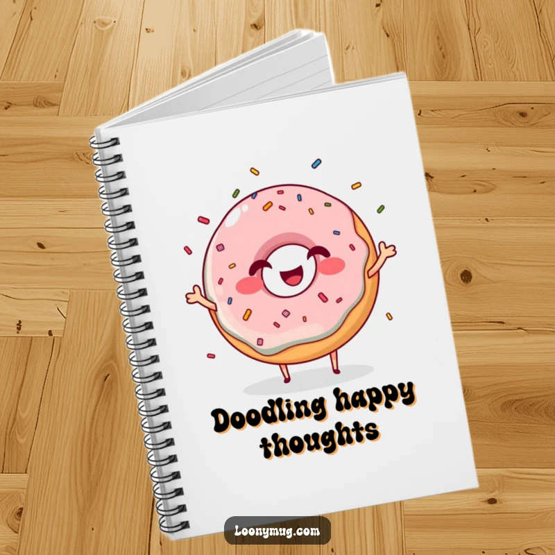 Funny giggling donut notebook character juggling sprinkles with a grin, ideal for jotting down sweet thoughts.
