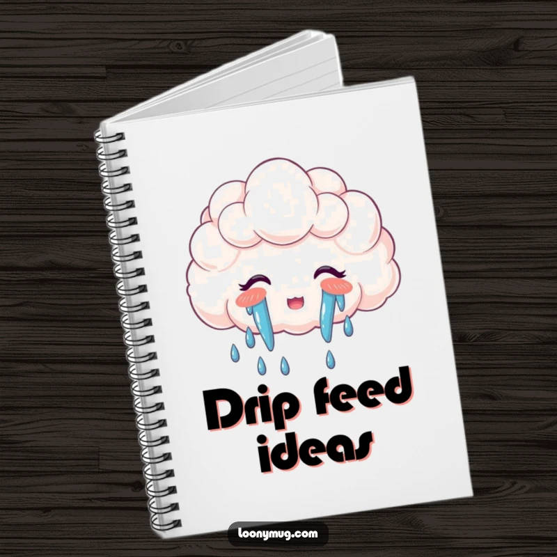 Funny notebook with a cloud crying a vibrant rainbow, perfect for jotting down happy thoughts and ideas.