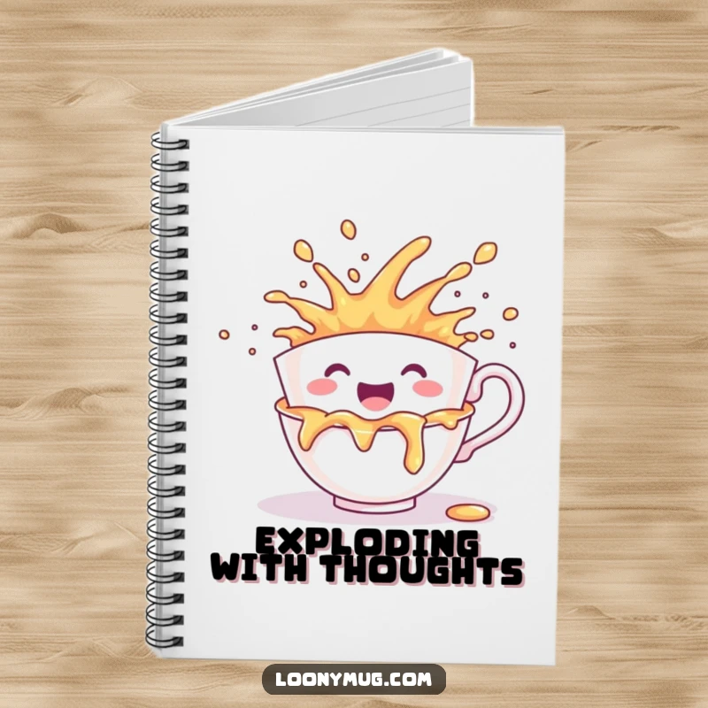 Funny notebook adorned with a cheerful teacup character in a joyous, messy spill of its liquid contents.