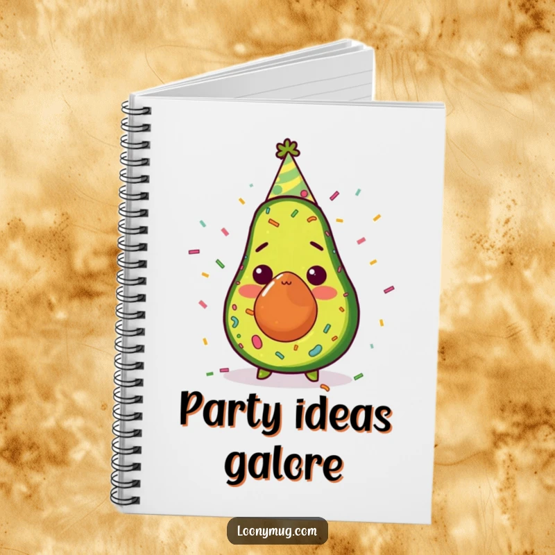 Funny avocado with party hat and confetti, surprised, on a notebook cover, perfect for journaling and note-taking, humorous.