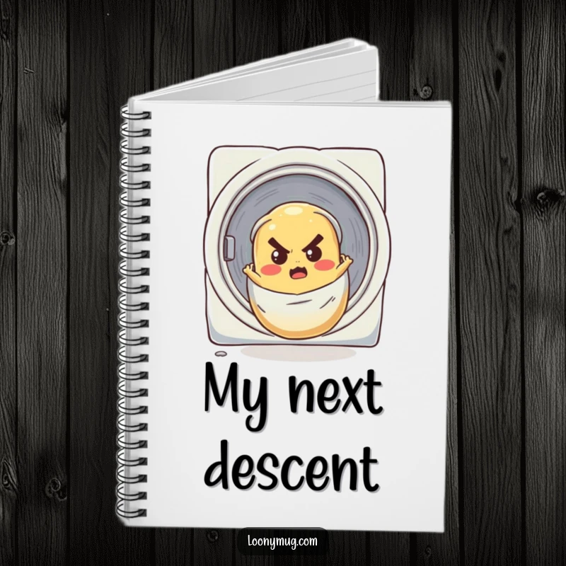 Funny notebook with a determined potato rolling down a laundry chute, perfect for jotting down funny thoughts.