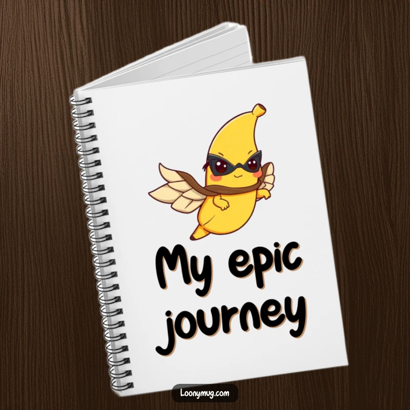 Funny notebook cover with a flying banana wearing a cape, ready to take notes on heroic endeavors.