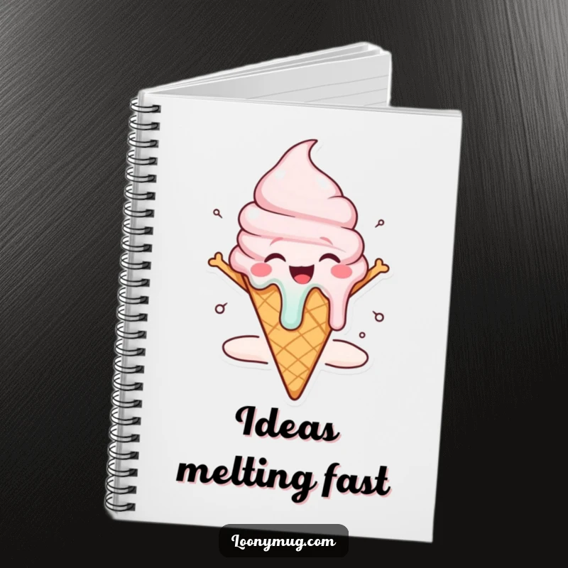 Funny ice cream cone notebook character melting dramatically with joy, perfect for jotting down happy thoughts.