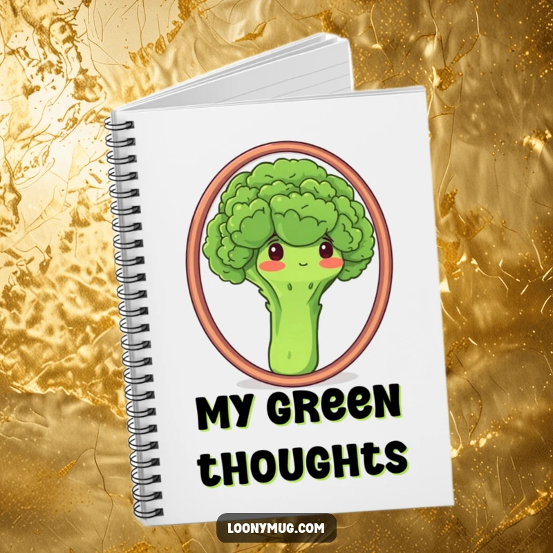 Funny notebook with a proud broccoli admiring its florets in a mirror, great for jotting down healthy thoughts.