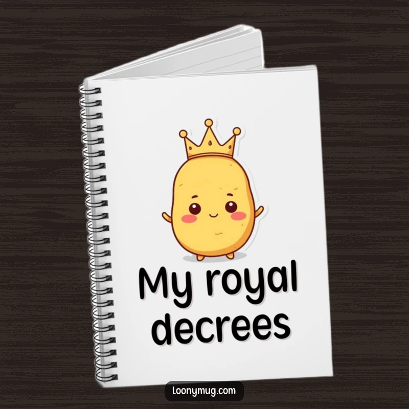 Funny notebook cover with a proud potato holding a tiny, crooked crown, perfect for note-taking.
