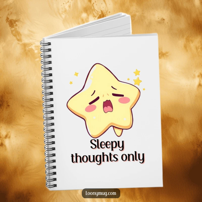 Funny sleepy star notebook character yawning widely while trying to twinkle, ideal for jotting down drowsy ideas.